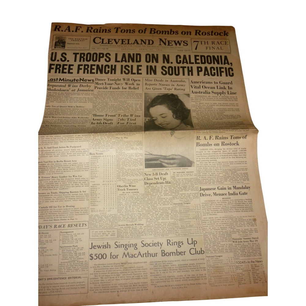 Apr 25 1942 Cleveland News WWII Newspaper US Lands New Caledonia RAF Rostock